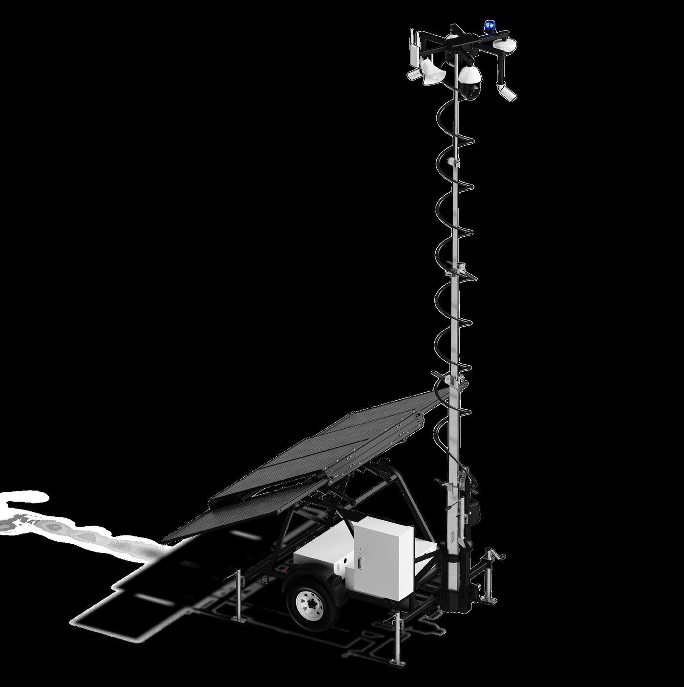 Verkada MT81 Cloud-Managed Security Trailer product render — telescoping mast, 1,600W tilting solar array, NEMA-enclosed power system, and blue LED beacon